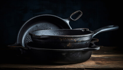 Rustic cast iron saucepan with wooden handle generated by AI