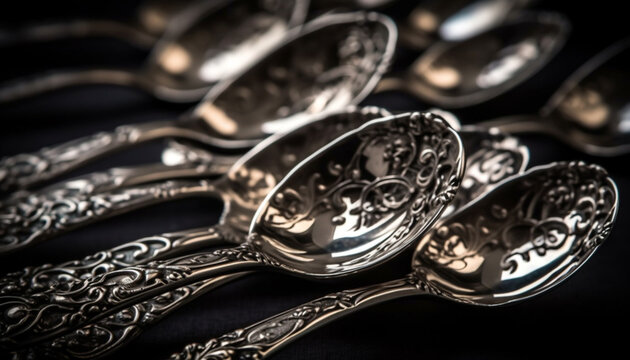 Shiny silverware collection in antique kitchen crockery generated by AI
