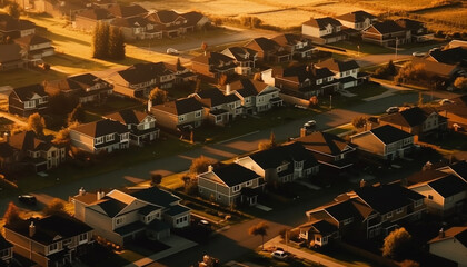 Sunset illuminates crowded suburban skyline from above generated by AI