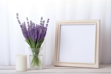 Blank Frame and bouquet of lavender on white wooden table, Generative AI