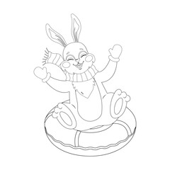 Cute bunny for coloring book. Rabbit slide down on snow tubing. Black and white coloring page. Isolated vector outline illustration. Children education.