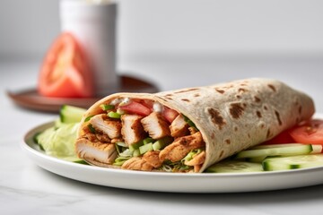 shawarma wrap with shaved chicken and fresh veggies on a white plate