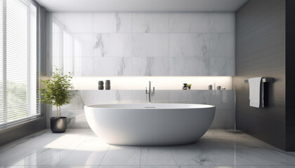 Naklejka na ściany i meble Modern elegance in domestic bathroom with marble flooring generated by AI