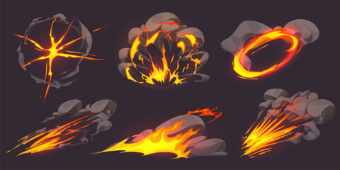 Comic explosive fire cloud game effect vector set. Bomb blast with smoke 2d war icon illustration design. Danger flammable firework with heat light trail. Isolated burning and fiery power speed attack - obrazy, fototapety, plakaty