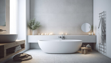 Naklejka na ściany i meble Luxury bathroom design with marble flooring elegance generated by AI