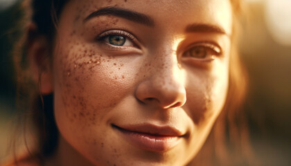 Young woman smiling, looking at camera outdoors generated by AI