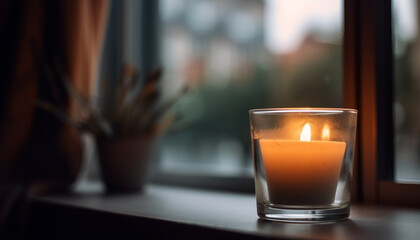Candlelit table by window, drink and relax generated by AI