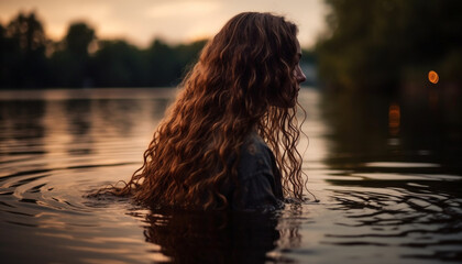 Young woman enjoys serene sunset reflection outdoors generated by AI