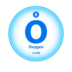 Structure Chemical element Oxygen (O) symbol. Science atom table atomic icon. Simple circle blue white guardian vector illustration 3D. Atomic number for Lab science or chemistry class.