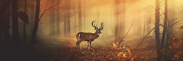 vintage, deer, Forrest, at sunset, falling leaves, deer in the woods, deer in the forest, wallpaper, deer at sunset, silhouette of a deer, Generative AI