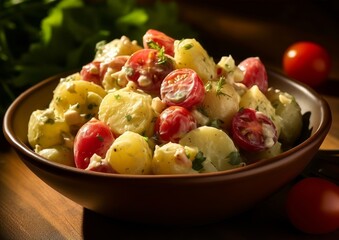 potato salad with tangy pickles and juicy cherry tomatoes
