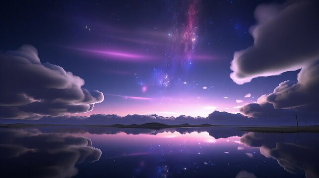 The night view on the brilliant lights and clouds. This is a surreal and complex cg rendering, purple, rainbow light, soft and smooth clouds, wide lake, starry sky, Milky Way, Generative AI