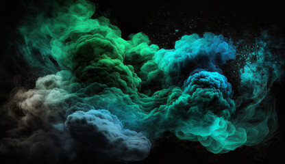 Color mist. Ink water. Haze texture. Fantasy night sky. Blue green shiny glitter steam cloud blend on dark black abstract art background. 