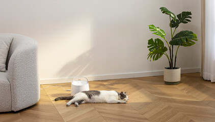 Pet cat drinking water using automatic water dispenser, cat is sleeping, pet life with technology, indoor scene