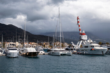 Fototapeta na wymiar Tivat, Montenegro - Luxury yachts moored in Porto Montenegro Marina