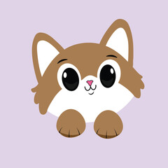 Cute gray cat paws up over wall cartoon, vector illustration