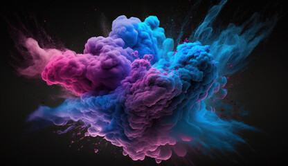 Explosion of color smoke. Paint splash. Ink water mix. Fantasy explosion. Pink and blue glowing vapor wave on dark black abstract art background with free space. 