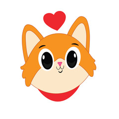 Cute cartoon face of a cute cat  White background with red hearts. Graphic element for kids, greeting card, cover, poster and t-shirt. Vector illustration.