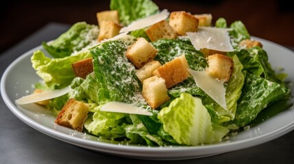 Caesar salad with crisp and crunchy hearts of romaine lettuce, shaved Parmesan cheese, garlic croutons, and a creamy Caesar dressing - obrazy, fototapety, plakaty
