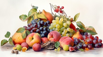 Naklejka na ściany i meble The composition of products on the table in a beautifully laid out form where there are grapes apples peaches strawberries