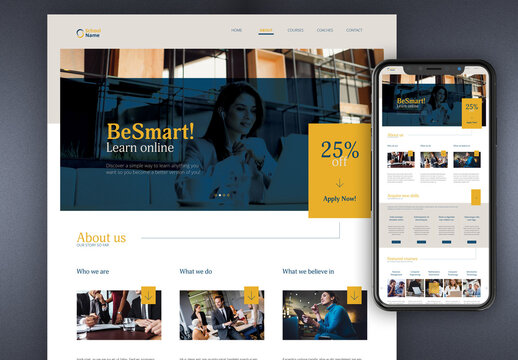 Website Design for Courses with Blue and Yellow Accents