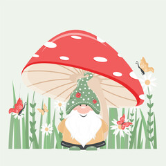Funny dwarf elf stands under a mushroom. Nature. Summer vector illustration