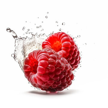 Macro shot of an ideal delicious  raspberries with water splashes, juicy splashes, isolated on a white background, photorealism, food photography