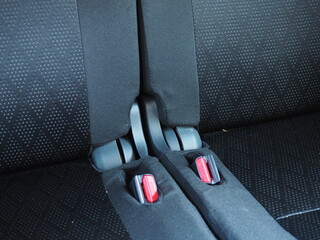 Safety buckle red on the black seat in a car. Car concept.