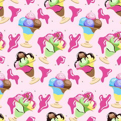 Cute ice cream in a glass, seamless pattern. Multi-colored scoops of ice cream with topping. For textiles, paper, fabrics, wallpaper, wrapping, backdrop. Vector illustration
