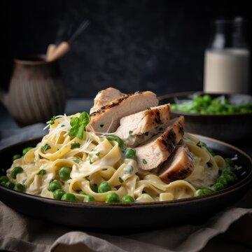 Fettuccine Alfredo With Sliced Grilled Chicken And Peas