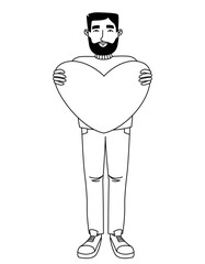Man holding big heart. Male character in outline style.