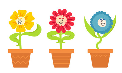 Set of different potted flowers. Fictional characters in cartoon style.