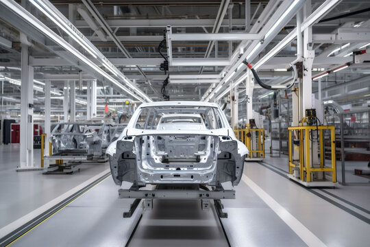 machine assembly car technology industrial automobile automotive transportation industry factory. Generative AI.