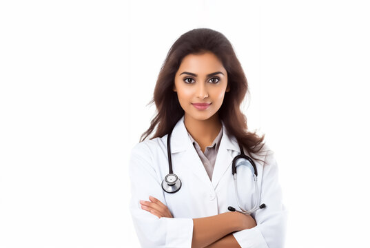 Young Female Doctor with Hispanic ethnicity, looking confident and smiling. Isolated on white background. shallow depth of field, Illustrative Generative AI. Not a real Person.