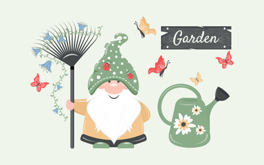 Funny dwarf elf holds a garden rake in his hands. Nature. Summer vector illustration