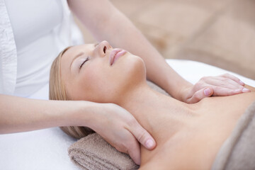 Hands of masseuse, woman getting neck massage in spa and wellness with peace, tranquility and...