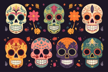dia de muertos skulls collection flat design, dia de muertos skulls pattern 