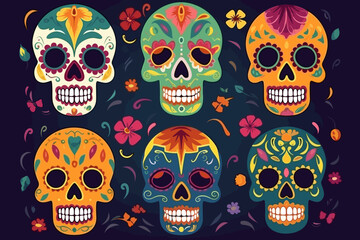 dia de muertos skulls collection flat design, dia de muertos skulls pattern 