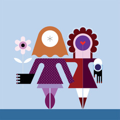 Geometric design of two abstract faceless female figures, vector illustration. Two women in dresses stand next to each other, one of them holds a flower in her hand. 