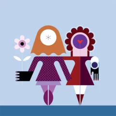 Fotobehang Geometric design of two abstract faceless female figures, vector illustration. Two women in dresses stand next to each other, one of them holds a flower in her hand.  ©  danjazzia