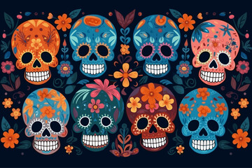 dia de muertos skulls collection flat design, dia de muertos skulls pattern 