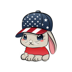 Cute cartoon patriotic bunny in baseball cap. Vector illustration.