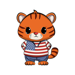 Cute cartoon patriotic tiger, independence day. Vector illustration.