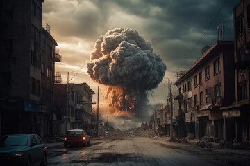 Nuclear bomb explosion in big city. Generative AI