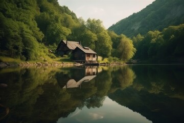 Fototapeta na wymiar small house on the lake made with generative ai