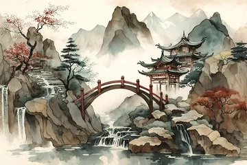 Papier Peint photo Gris Chinese ink landscape painting created digitally Japan traditional  ink illustration background