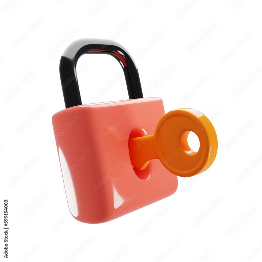 Poster glossy 3d rendering lock icon with key. safety and privacy icon concept. 3d illustration