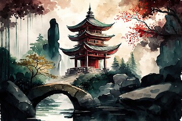 Chinese ink landscape painting created digitally Japan traditional  ink illustration background
