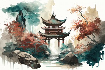 Chinese ink landscape painting created digitally Japan traditional  ink illustration background