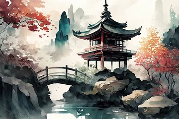 Crédence de cuisine en verre imprimé Gris 2 Chinese ink landscape painting created digitally Japan traditional  ink illustration background